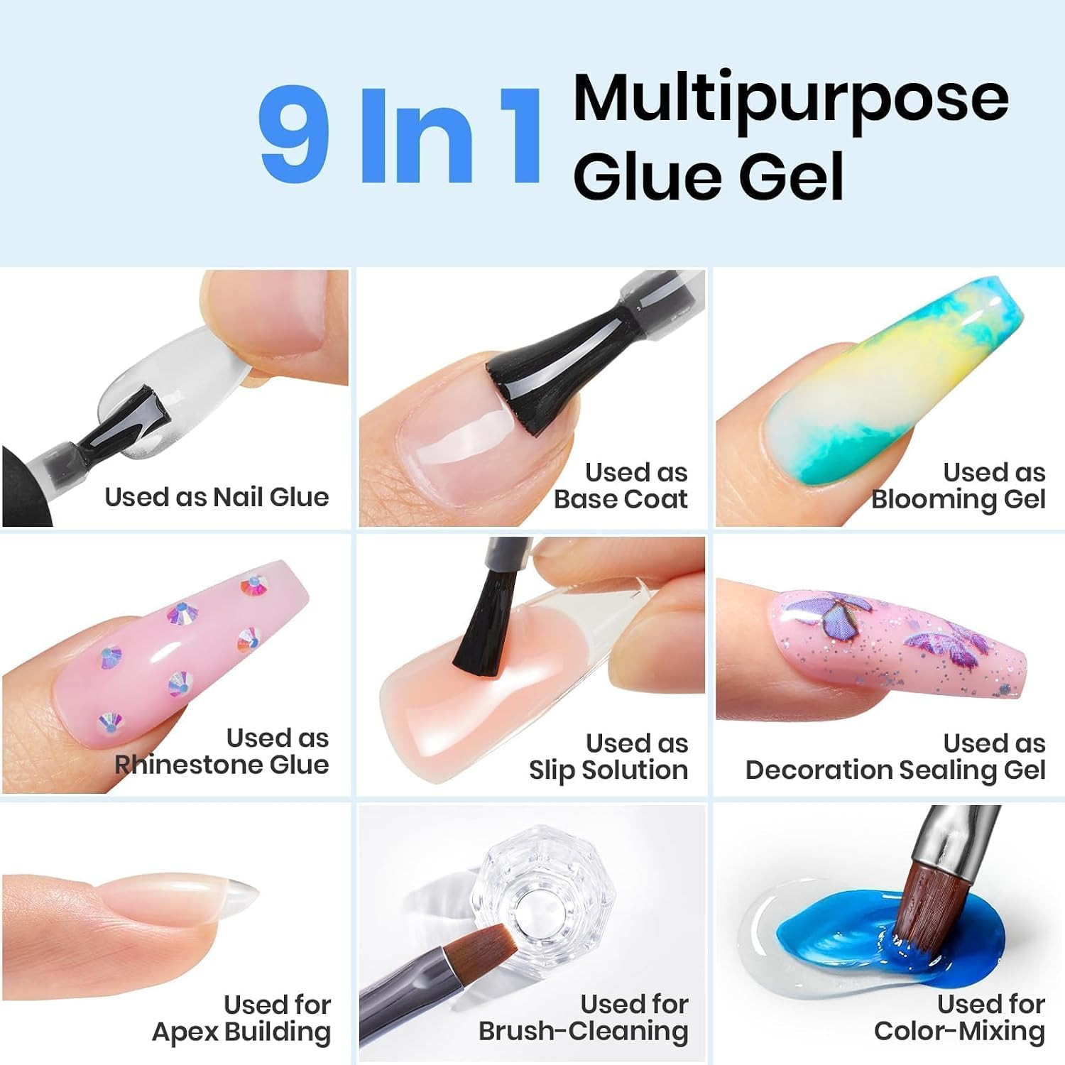 Beetles 9 in 1 Nail Glue Gel for Nail Tips and Clear Acrylic Nails Long Lasting,