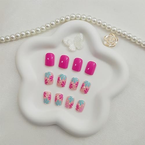 Short Square Fake Nails with Flower Designs – Acrylic Press
