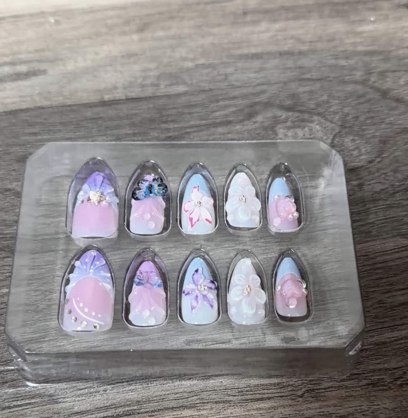 Pink Purple Blue 3D Butterfly Floral Almond Press-On Nails Medium Full Cover