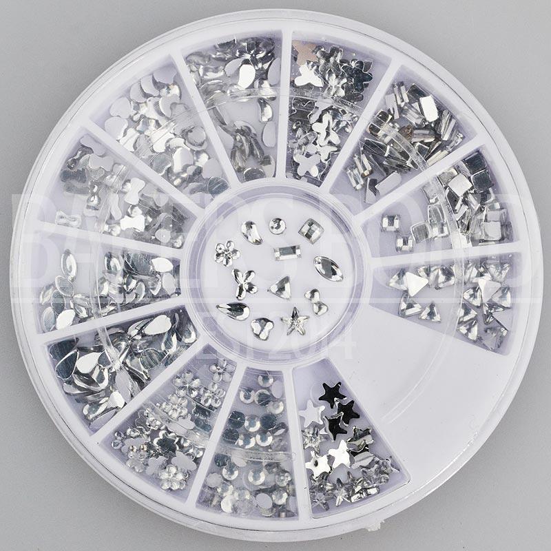 300pc Rhinestone 3D Nail Art Fashion Diamante Glitter Gem Silver Multi Shapes