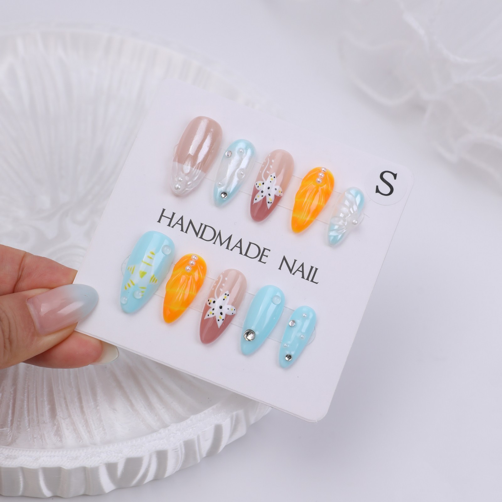 Press On Nails Medium Almond Blue Orange 3D Floral Pearl Summer Beach Nail Set