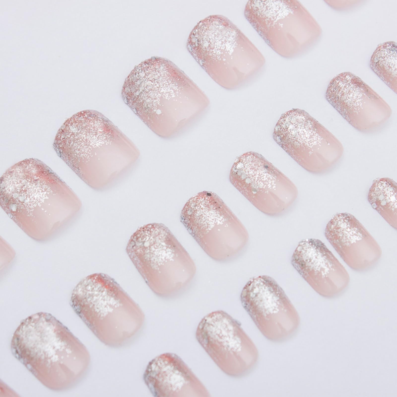 Glitter French Tips Press on Nails Short Square Silver Standard, Multicolor