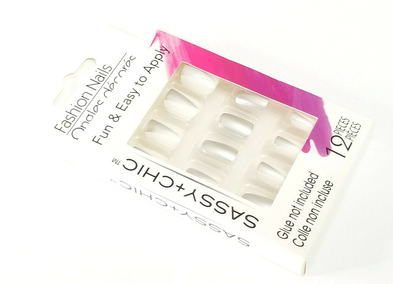 SASSY + CHIC™ FASHION NAILS 12 PIECES FUN & EASY TO APPLY SILVER WHITE