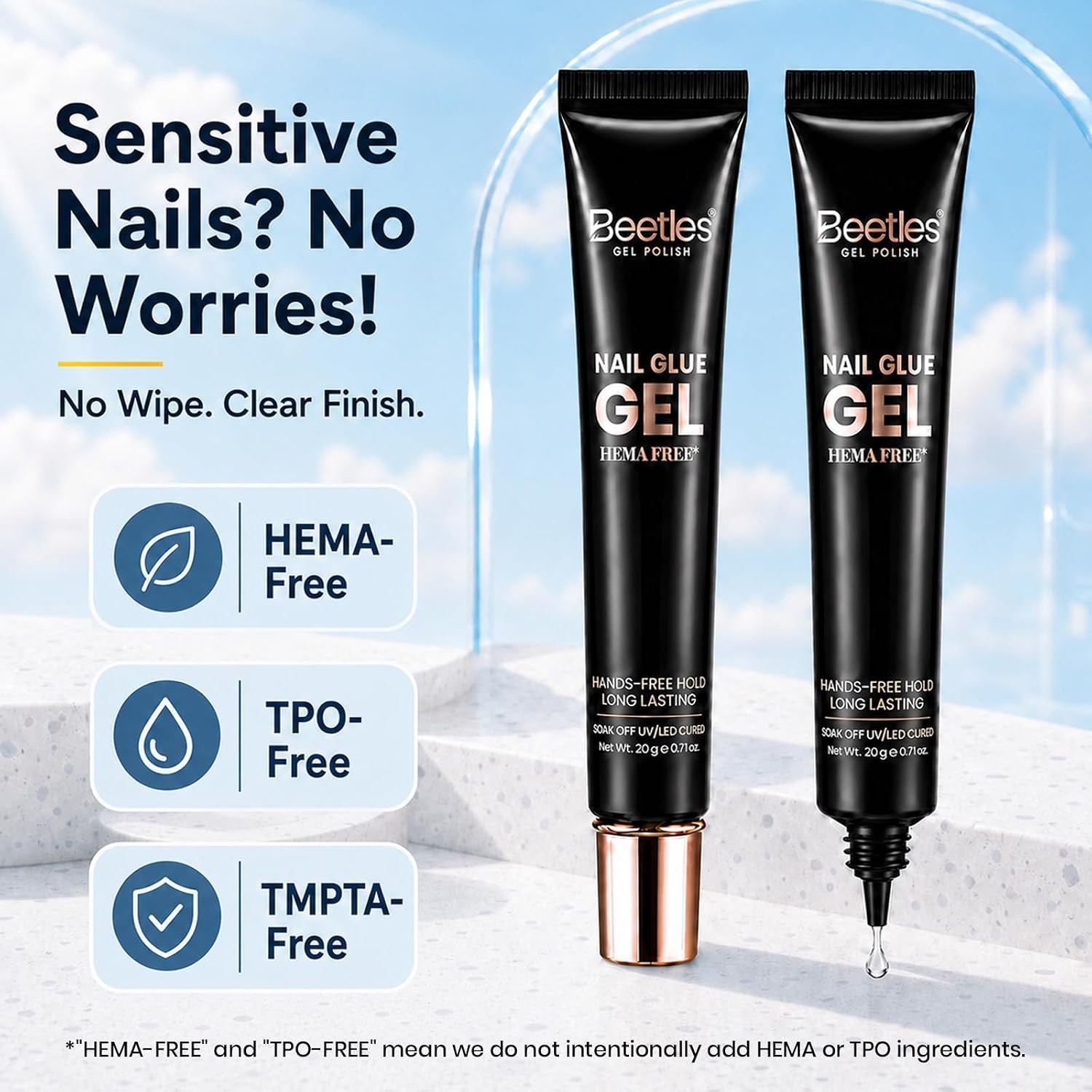 Beetles 2Pcs*20G UV Nail Glue, Hands-Free Soft Nail Tips Glue, HEMA Free | Super