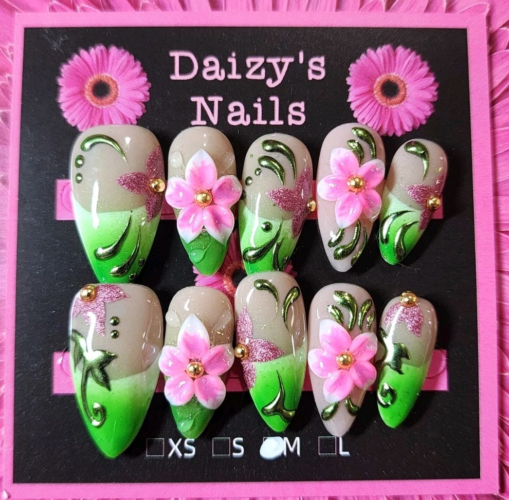 Medium Size Green 3D Pink Flower Press-on Nail Set Handmade Almond 2.5 Cm Length