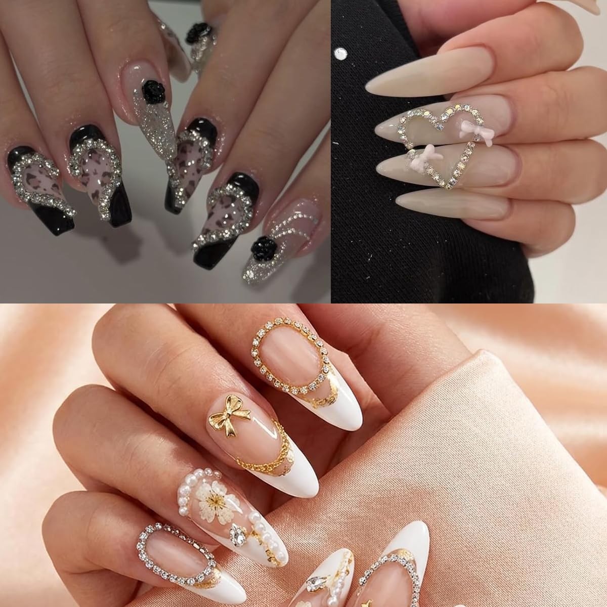 12 Strips Nail Chain Charms, Metal Bangle Nail Art Chains 3D Gold Silver Fren…