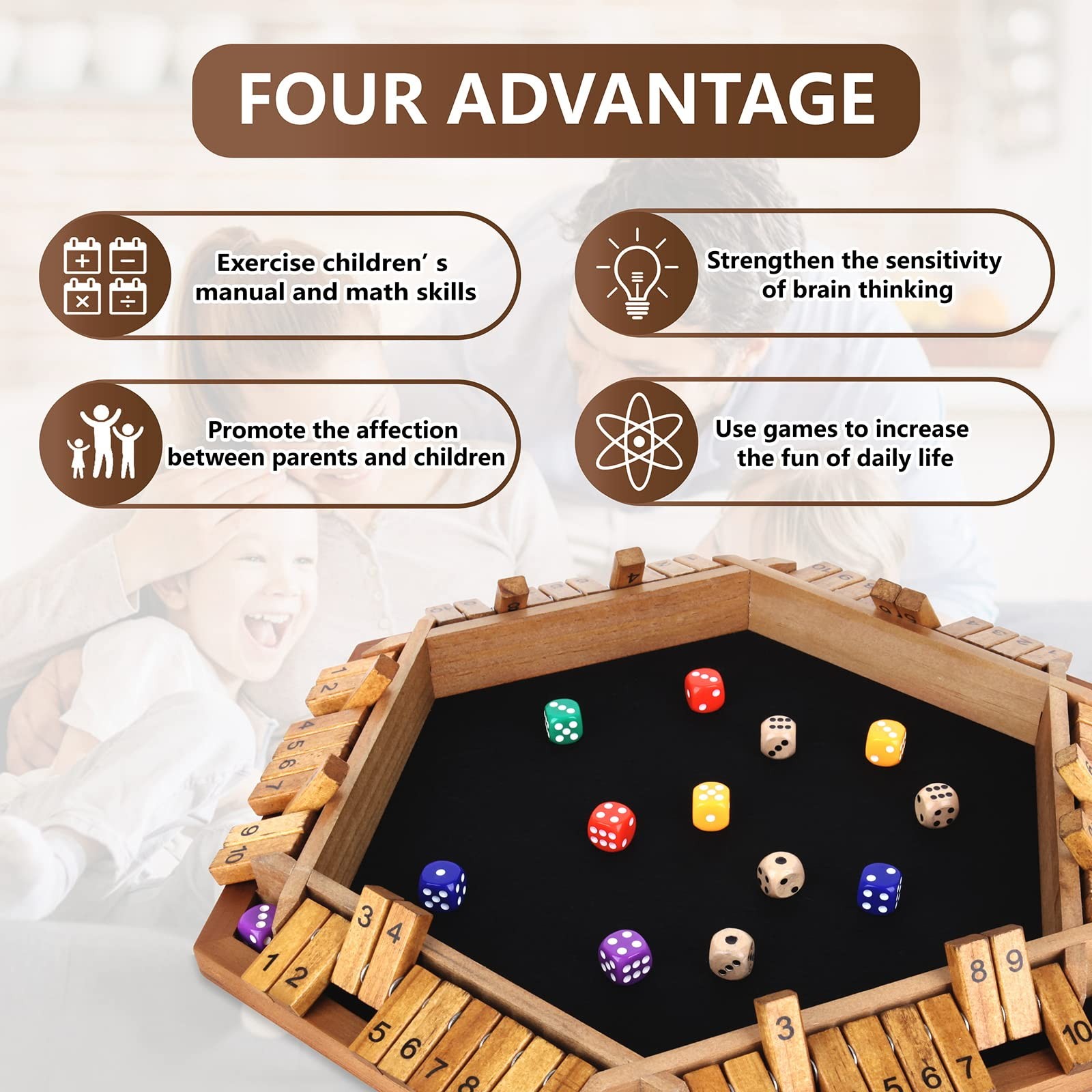 Nicecho 2-6 Players Shut The Box Dice Game, Wooden Brown-15*13 inches, Brown
