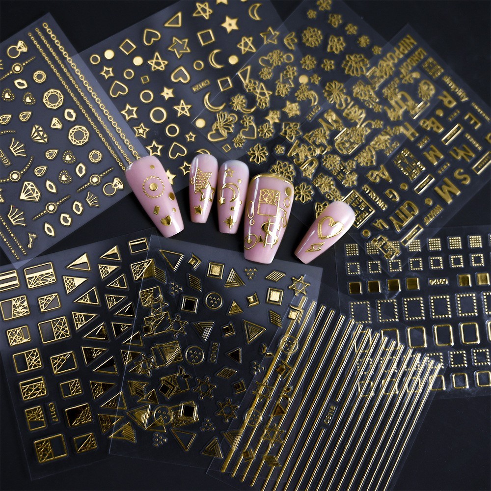 10 Sheets Nail Art Stickers Gold Lace Moon Star French Line Geometric Slider C91