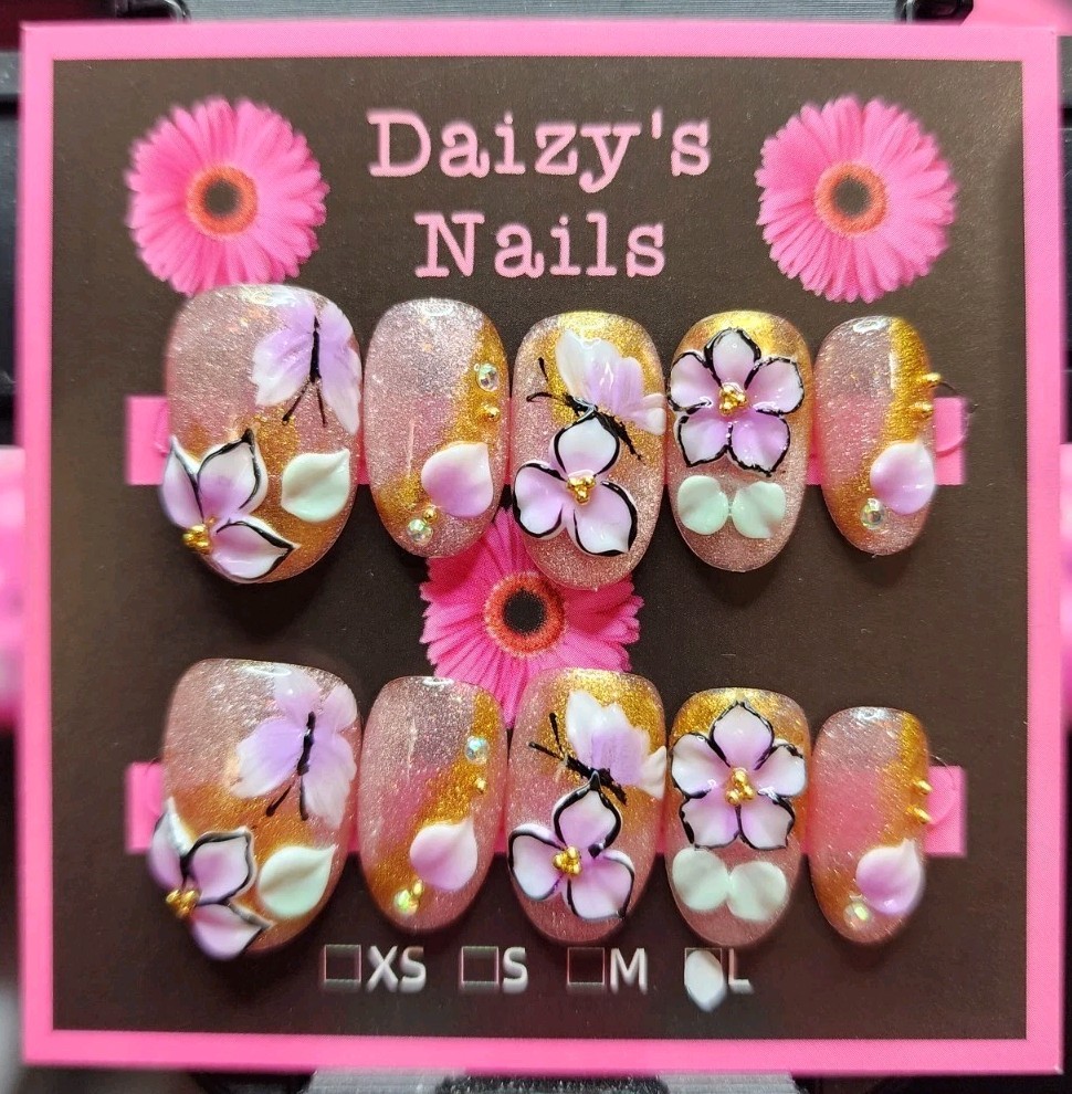 Large Size Press-on Nail 10Pc Set Handmade Oval Purple 3D Flower 2.0 Cm Length