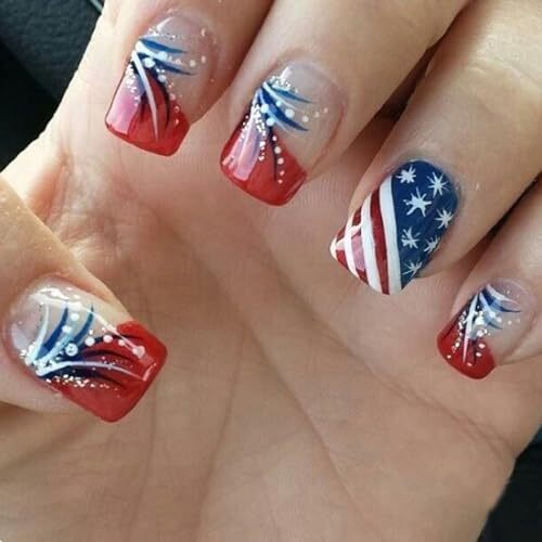 Independence Day Press on Nails Short Square Stripe Wave Red French and Dots