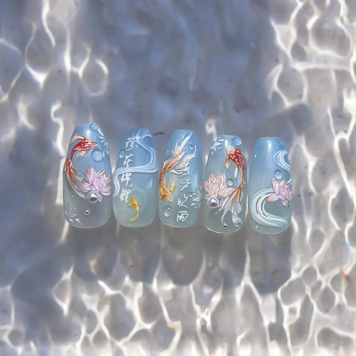 WBRRFJJ 5D Embossed Goldfish Nail Stickers Koi Lotus Spring Art