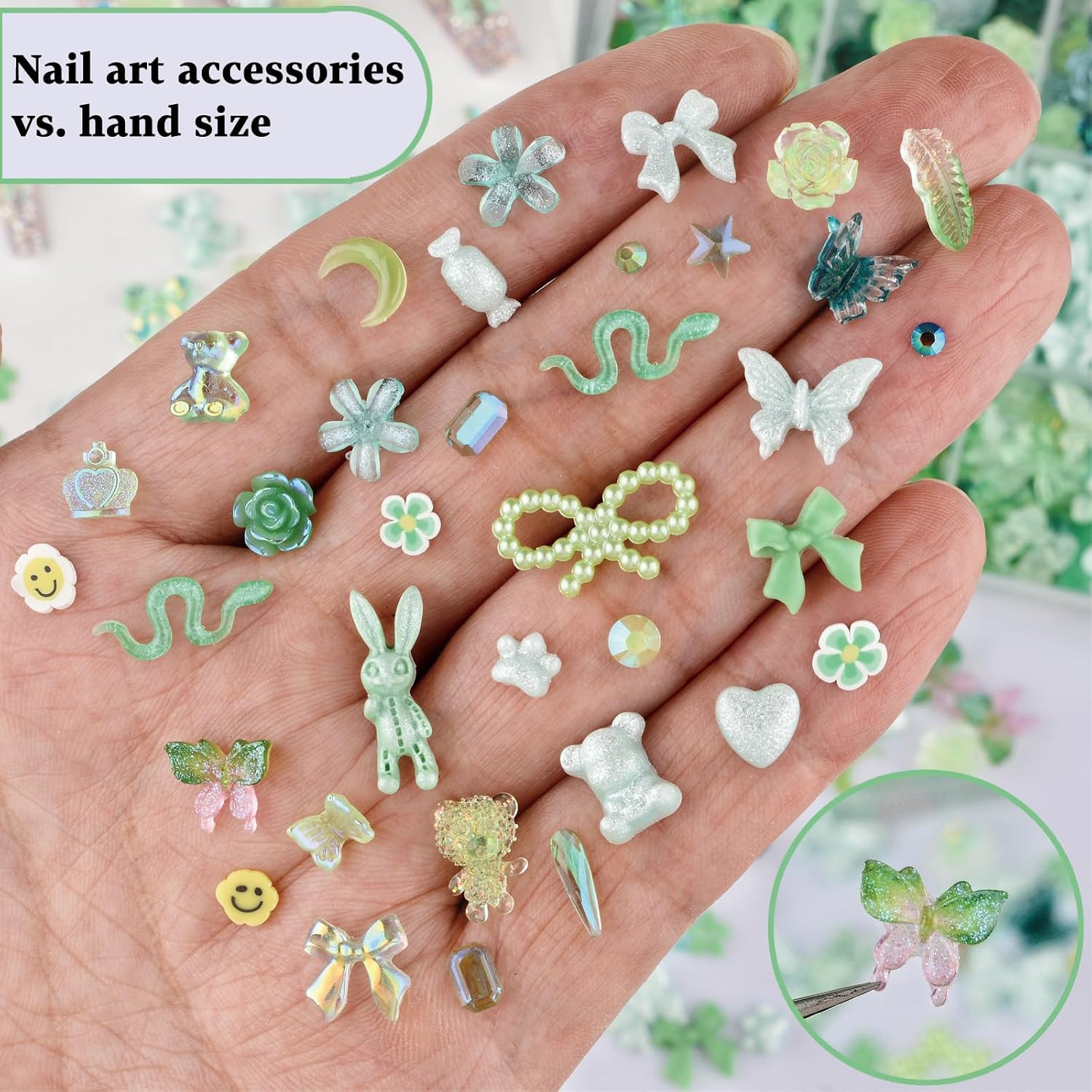 850 Pieces 3D Butterfly Rose Flower Bow Rabbit Bear Nail Charms Small, Green