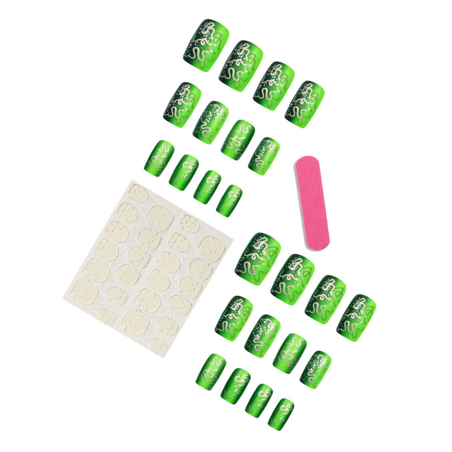 48P Short Square Press on Nails Green Black Gradient Gold Snake Fake Nails
