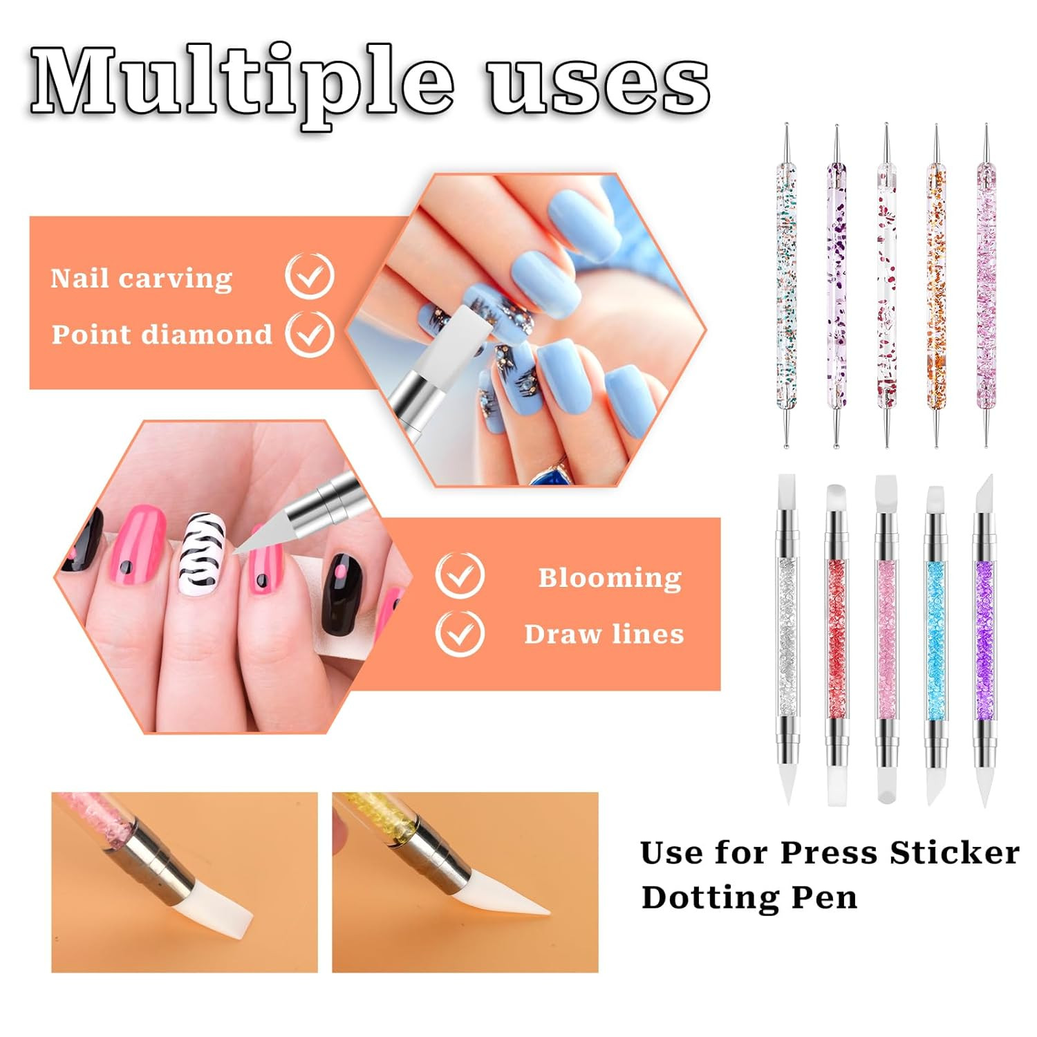 10PCS Nail Art Gel Carving Pen Rhinestone Handle Silicone Nail Art Pen Brushes f