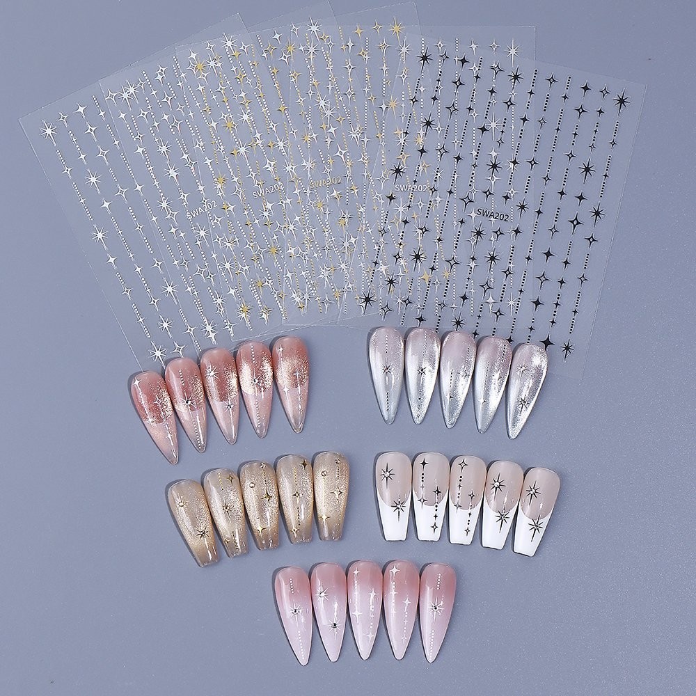 Sparkle Stars Dots Nail Art Stickers Solid Hollow 4 Pointe Star Gold Silver 6080