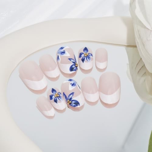 24Pcs Blue Flower Press on Nails Medium Almond Fake Nails with Flower Nails-21