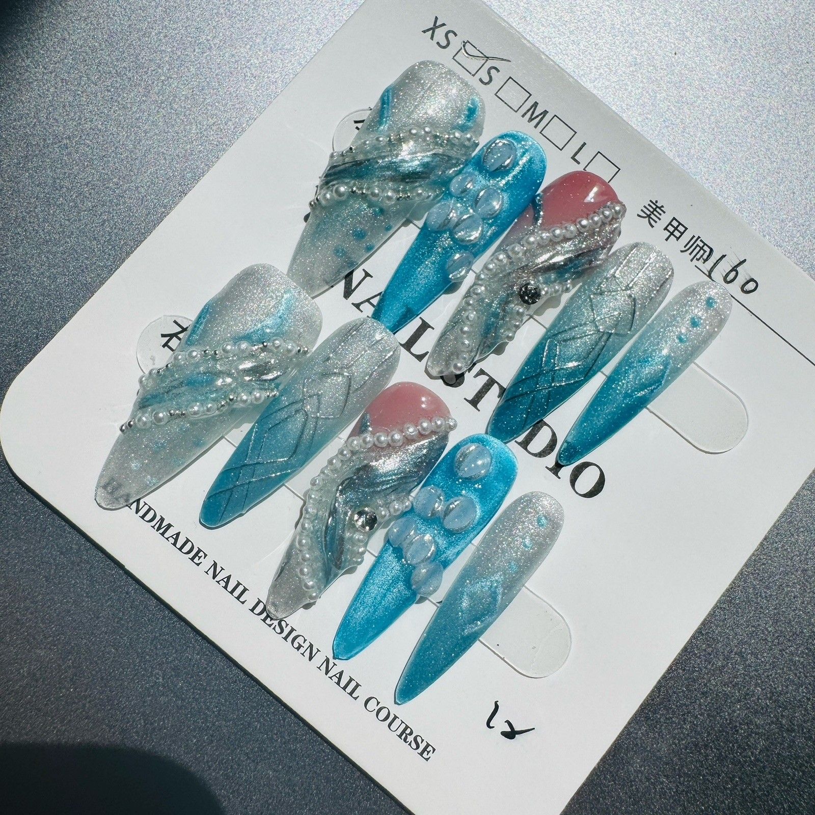 Press-On Nails Long Stiletto Blue/Silver/Pink Ombre Glitter 3D Pre-Designed