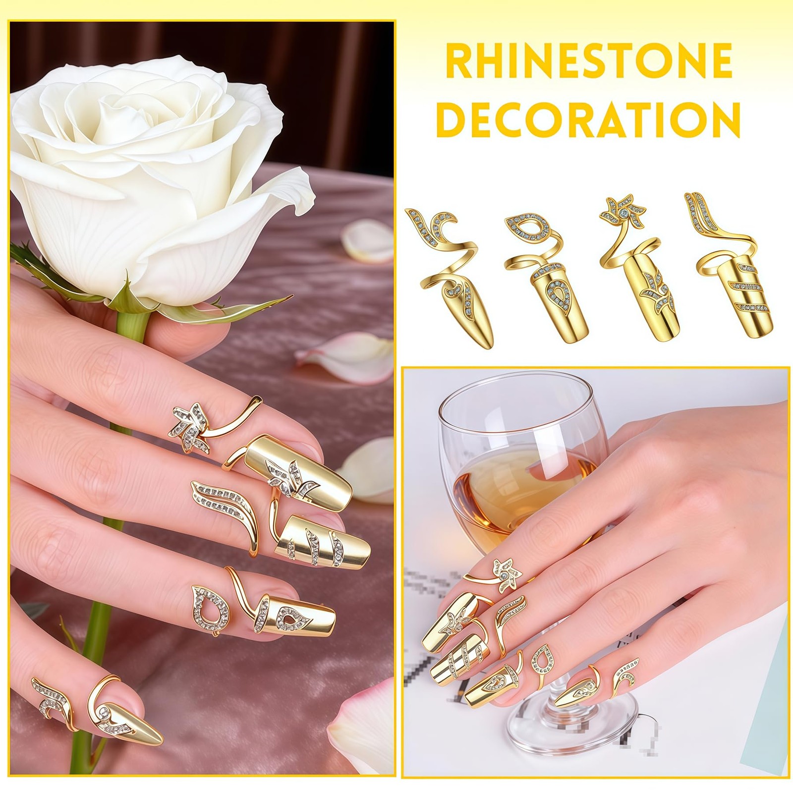 4Pcs Fingernail Opening Ring Finger Nail Ring Knuckle Rhinestone Cover Tip Na…