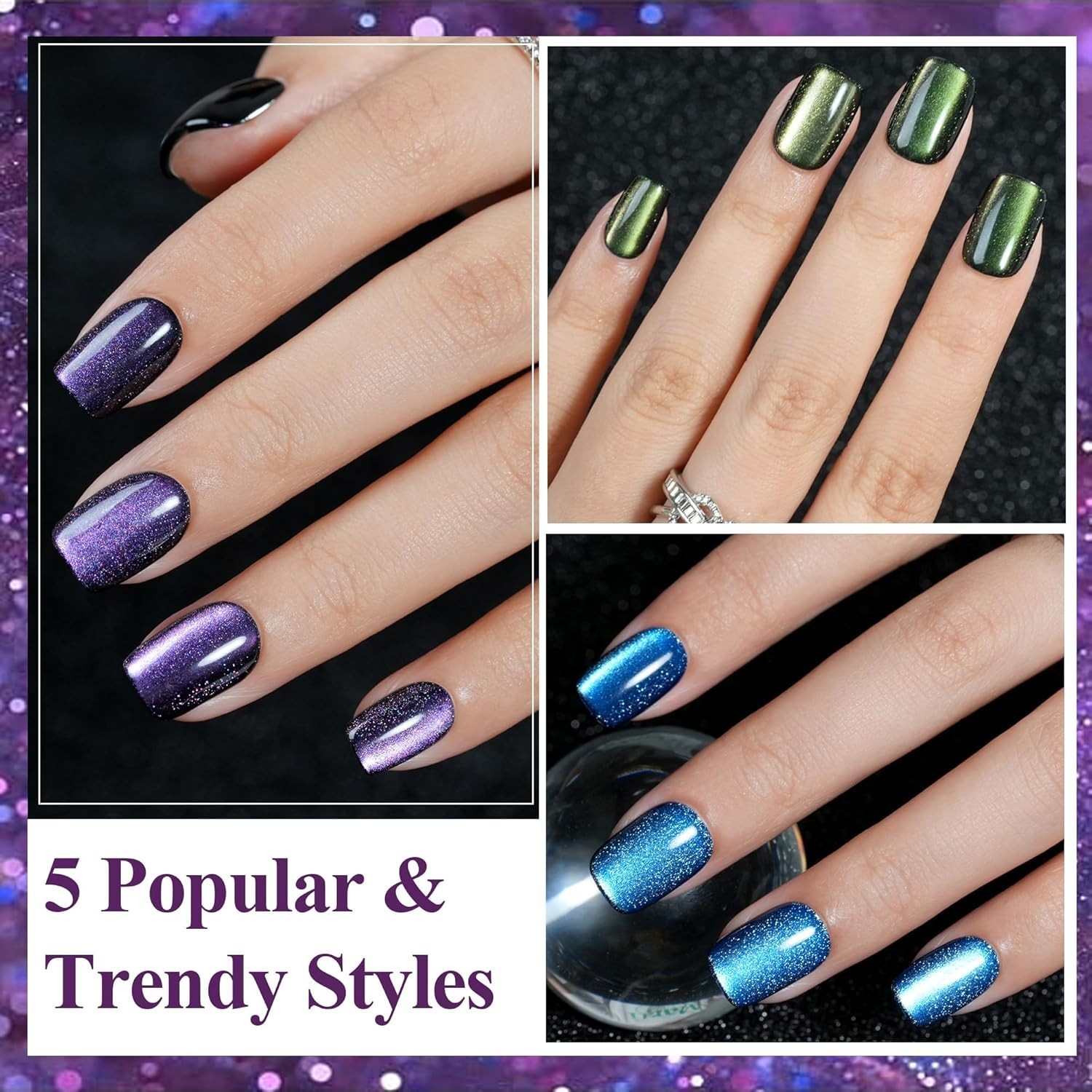Cat Eye Press on Nails Short 5 Styles, 160Pcs Salon-Like Fake Nails with Glit…