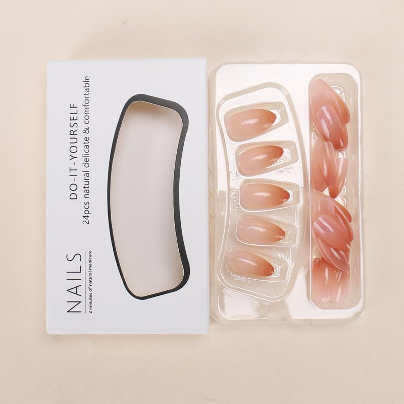 Nude Press on Nails Short Almond Fake Nails Glossy Ombre Press Ons with Designs