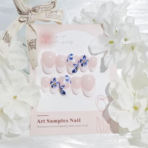 24Pcs Blue Flower Press on Nails Medium Almond Fake Nails with Flower Nails-21