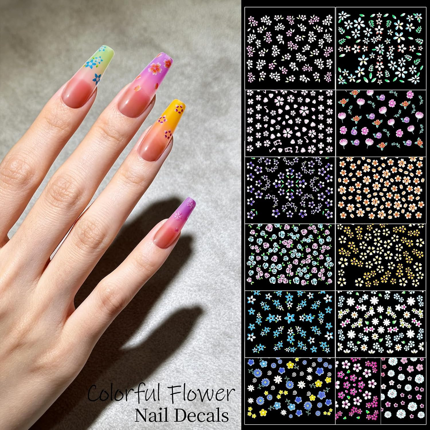 50 Sheets Nail Stickers for Nail Art, Colorful Flower Nail Art Stickers for Kids