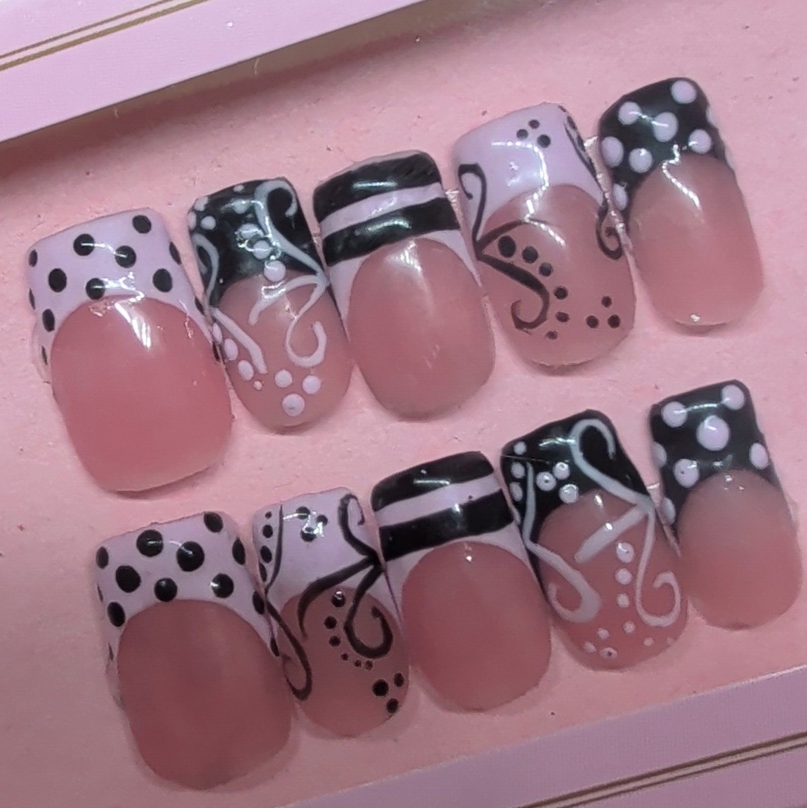 10 Piece Short Square Press-On , French, Pink Black White Polka Dot, Handmade