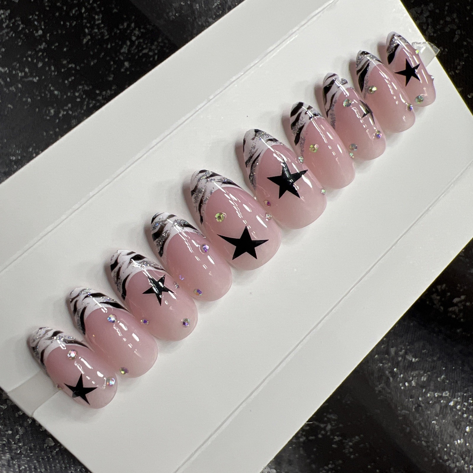 🎀 CUSTOM Hard Gel Press On False Nails French ZEBRA 10p Set Medium Almond W Kit