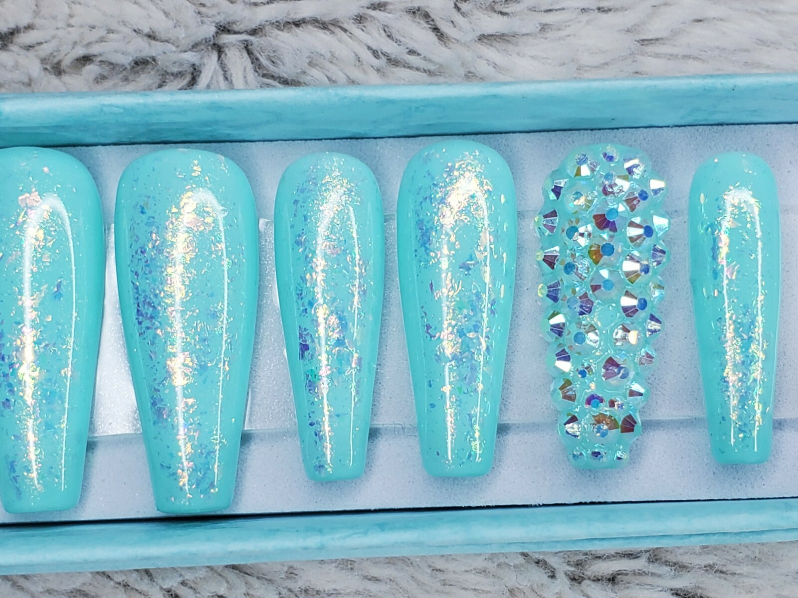 Teal green Mermaid crystal opal glitter bling press on nails luxury diamond