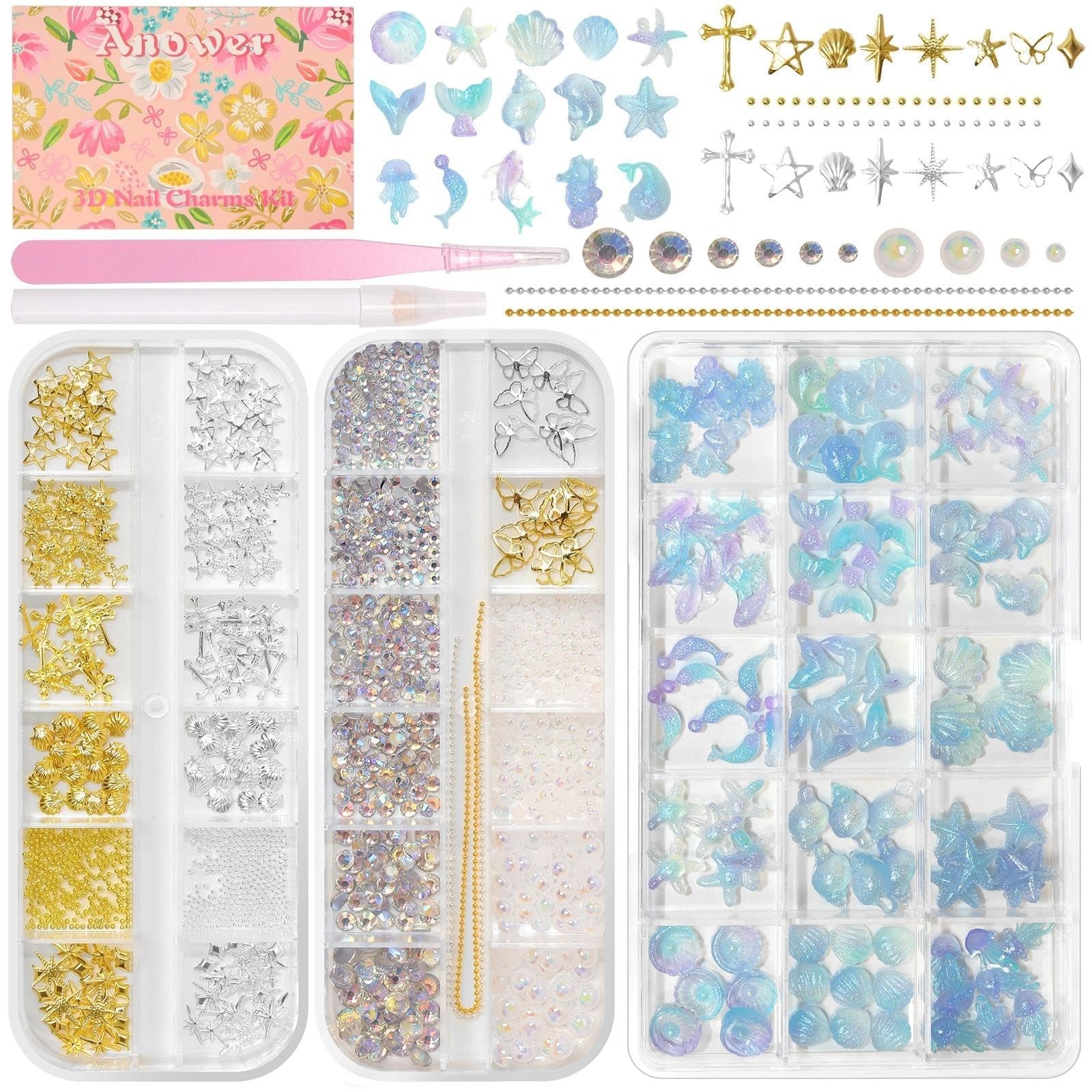 3 Boxes Nail Art Charms Kit, Ocean Series Seashells Nail Charms, Glass Flatba…