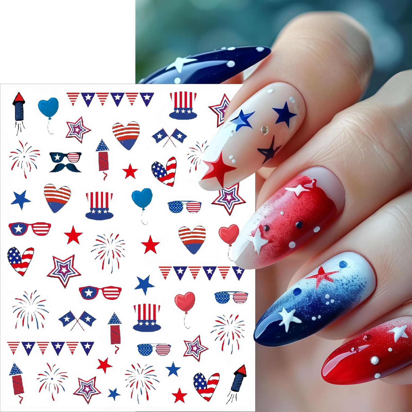 8 Sheets 4th of July Nail Stickers for Art About 3.7 x 3 inch, Colorful