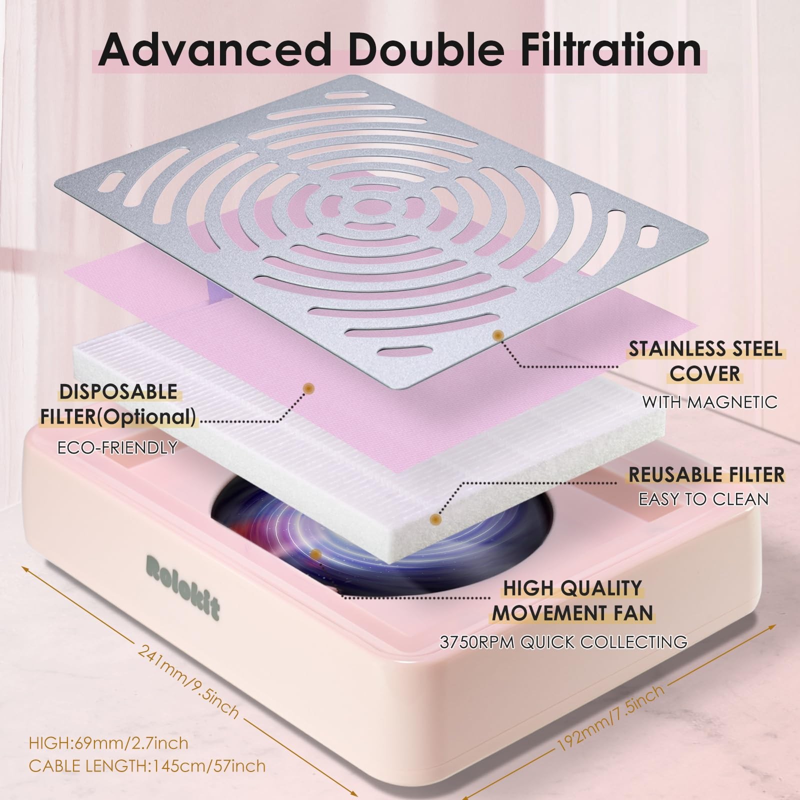 Rolokit Pink Nail Dust Collector with Lamp