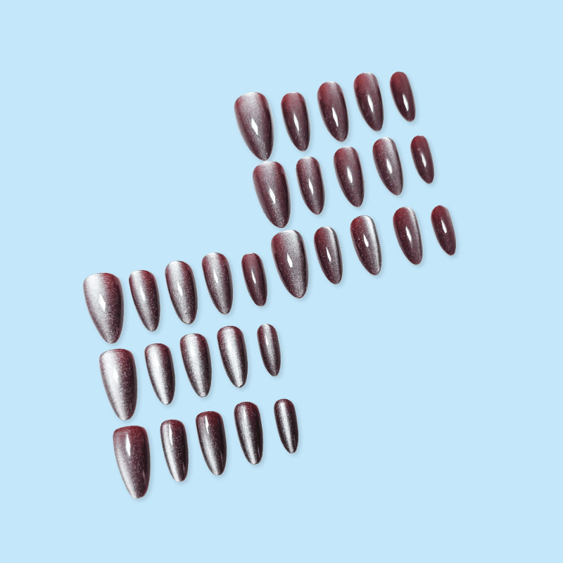 48 Pcs Wine Red Cat Eye Press on Nails, Medium Almond Metallic Shiny Fake Nails