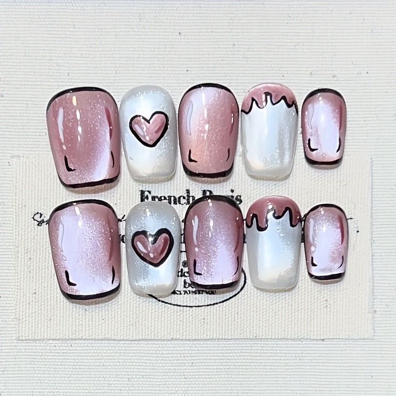 10Pcs Handmade Valentine’s Day Nails, White Pink Glitter Cat Eye, Heart Design