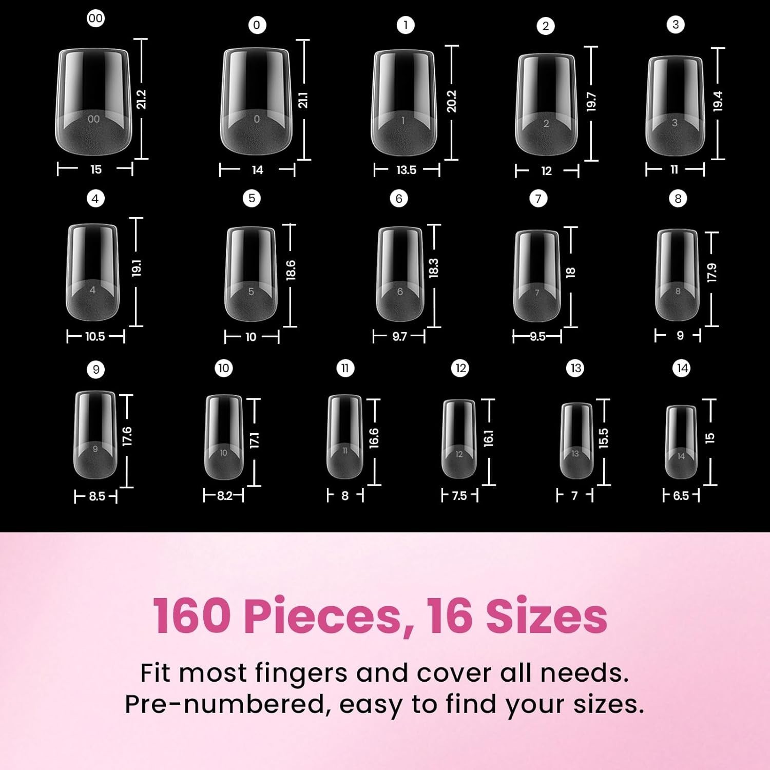Beetles Gel Nail Tips Flat-X – Square Short, 160pcs 16 Sizes, Pre-Etched Half…