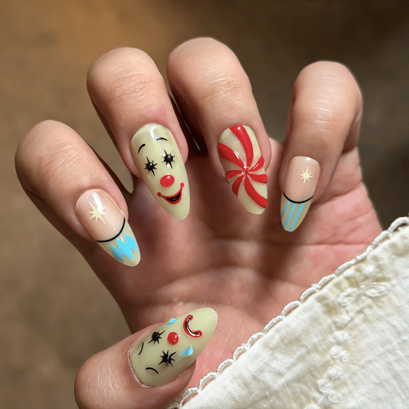 48 Pcs Clown Candy Print Press on Nails, Medium Almond Beige Trendy Fake Nails