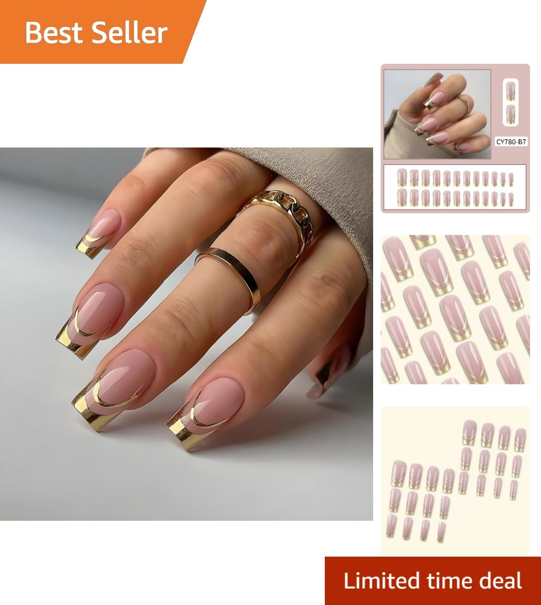 Exquisite 24pc Medium Square Press on Nails – Gilded French Tips and Accessories
