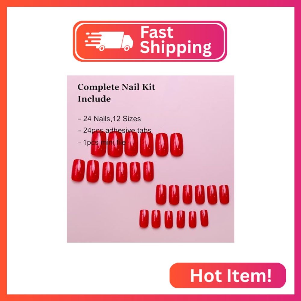 Red Press On Short Square Fake Nails – Classic Glossy Handmade Gel False Nails –