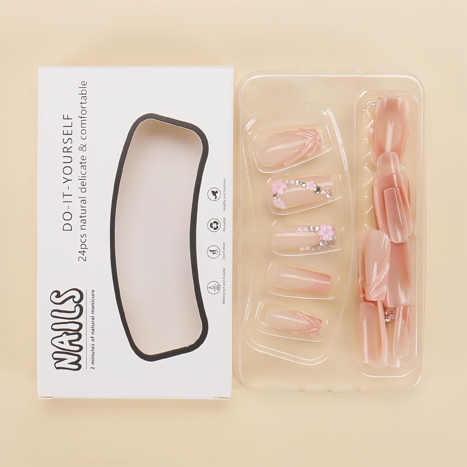 30Pcs Pink 3D French Tip Press on Nails Medium Square Fake Nails with Rhinest…