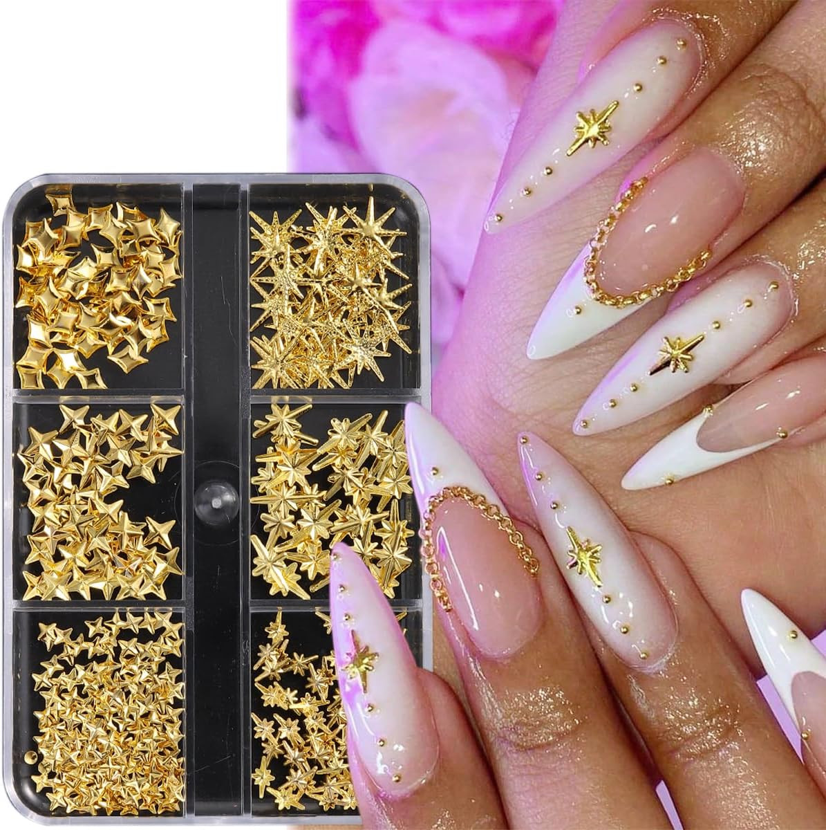 Star Nail Charms, 2 Boxes Gold Nail Charms Twinkle Stars Rose Flowers Cross Meta