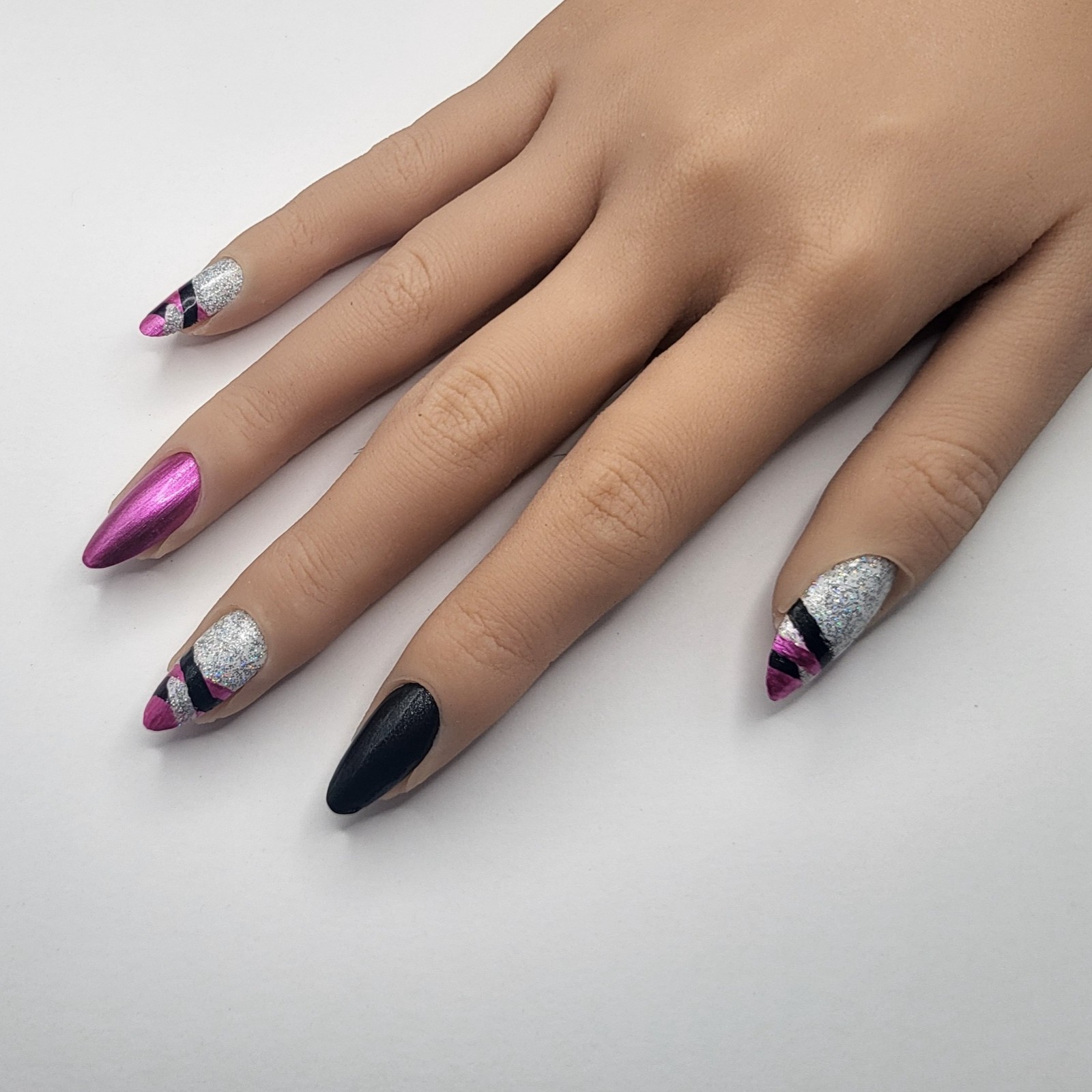 Handmade Pink Silver Glitter Press On Nails Medium Almond | Bind