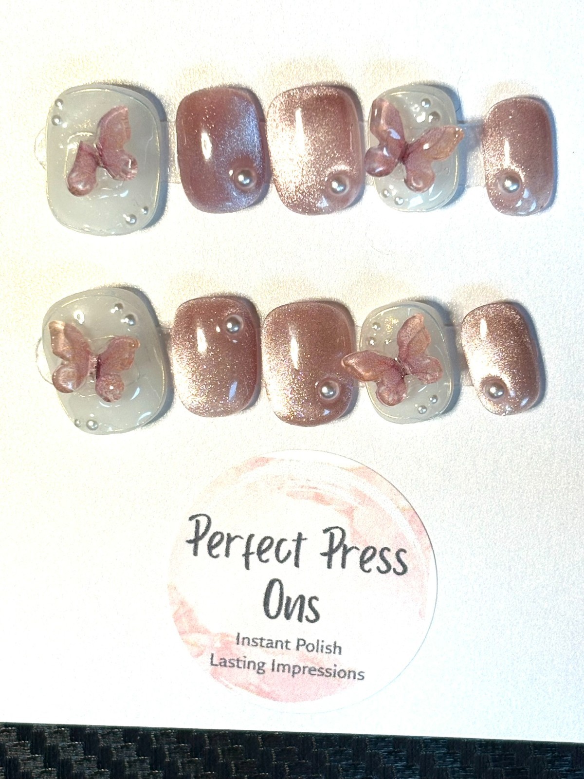 Pink Pearl Cat Eye Press On Nails 3D Acrylic Butterfly Crystal Handmade Nails M