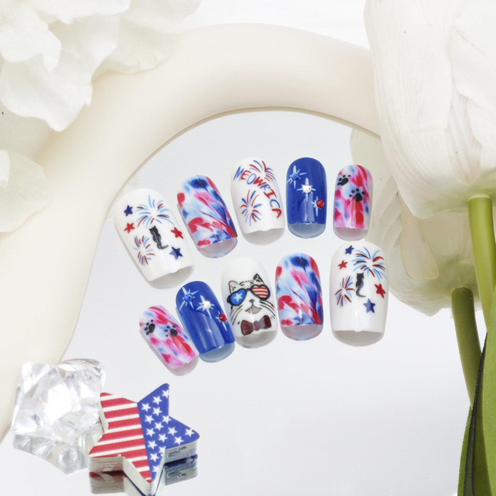 Mkwntg 4th of July Cat Star Fireworks Nails