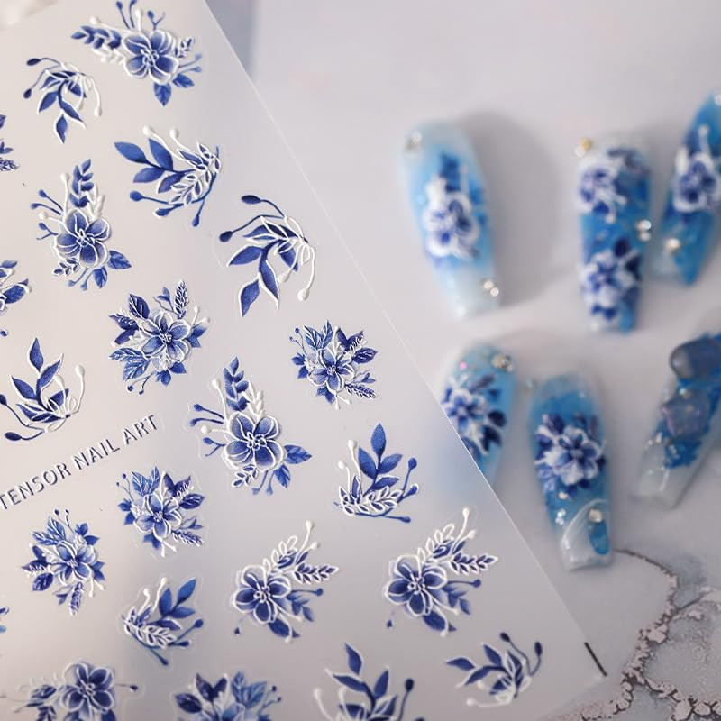 5D Embossed Nail Stickers Flower Nail Art Stickers Decals Self-Adhesive Floral N