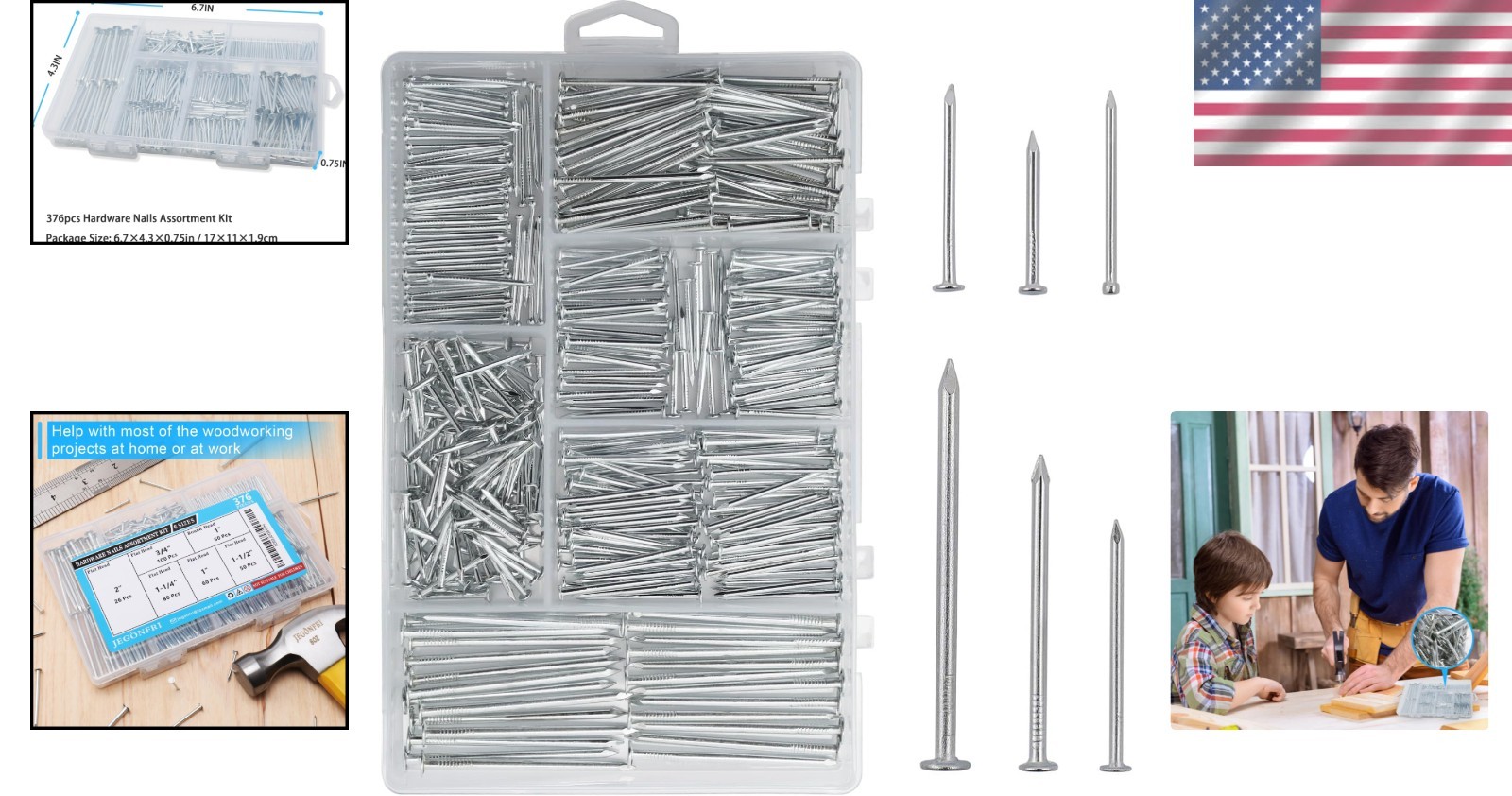 Complete 376pcs Nail Set in Galvanized Steel | Convenient Storage Box Included