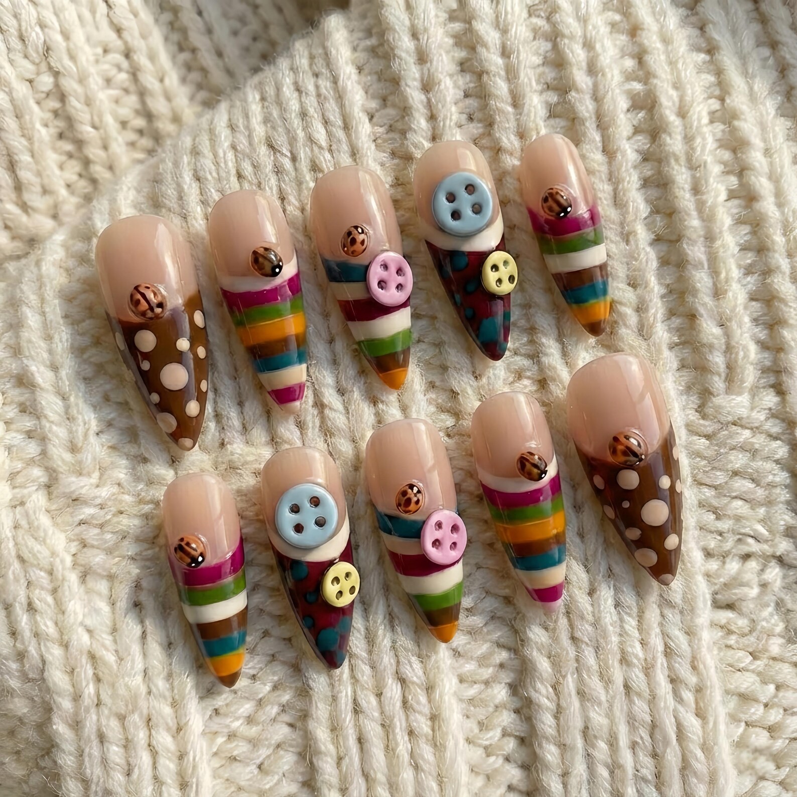 Handmade Retro Rainbow Stripe Polka Dot Colorful Button Almond Press on Nails