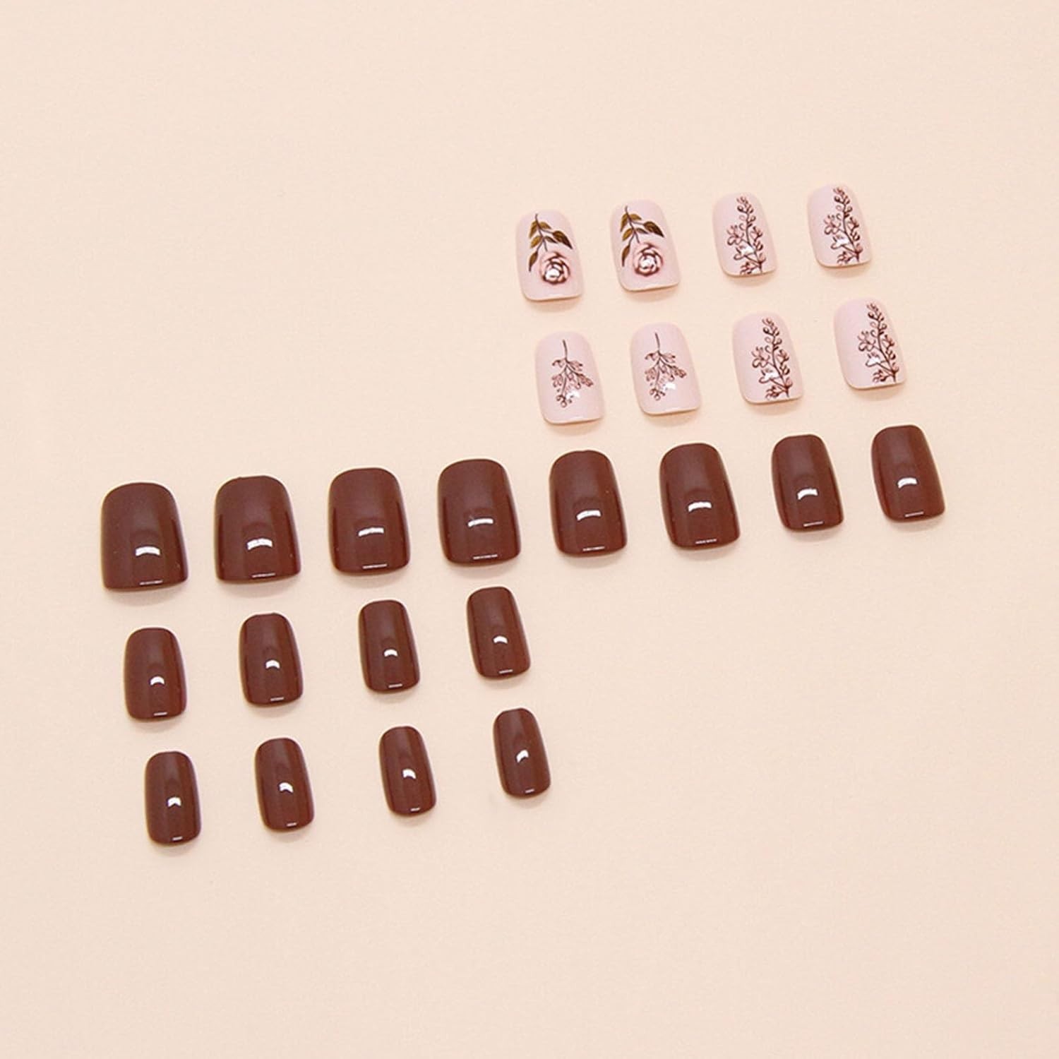 Fall Press on Nails Short False Nails with Pink Rose Leaves Designs Square Nails