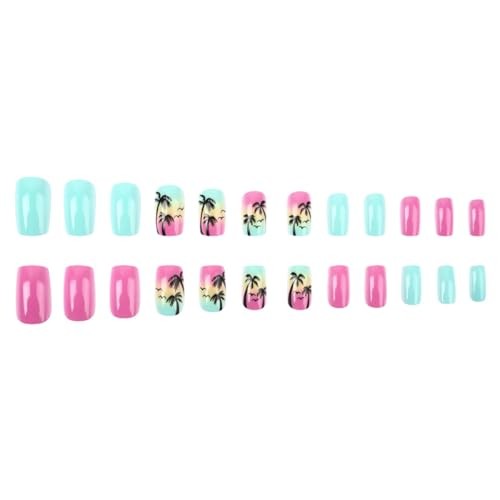 24Pcs Summer Press on Nails – Short Palm Tree Fake Nails – Square Blue Pink