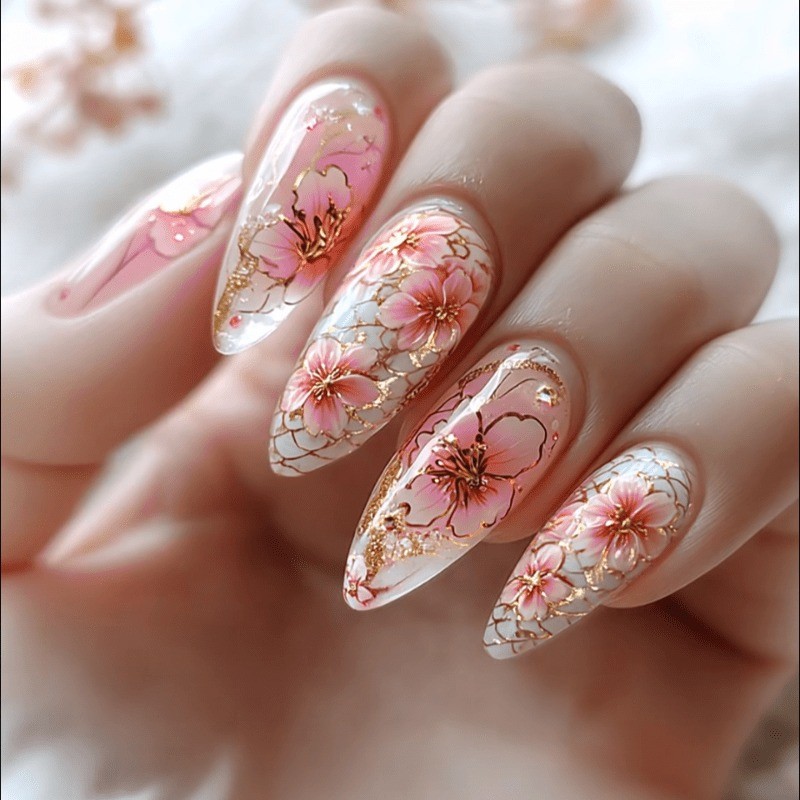 48 Pieces of Pink Transparent Gold-plated Cherry Blossom – Removable Nail Art