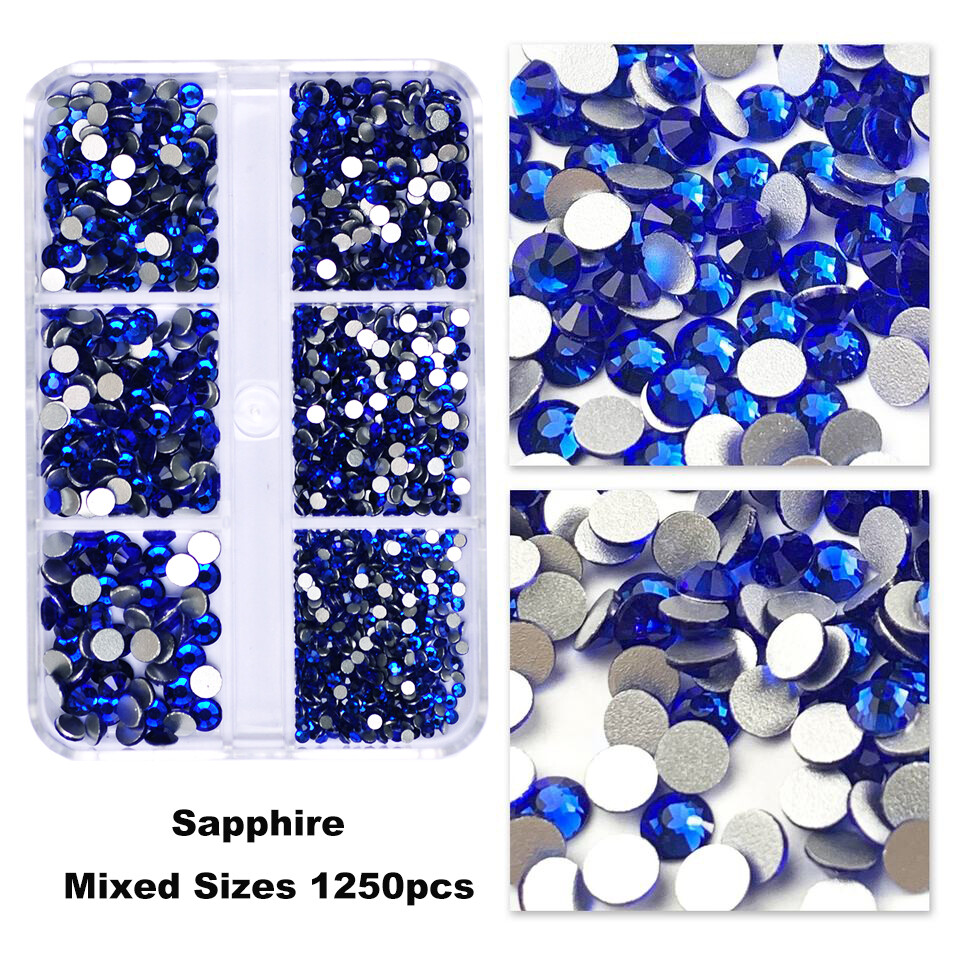 No Hotfix Nail Art Rhinestones 6 Grids SS4-SS16 Flat Back Crystal With tools